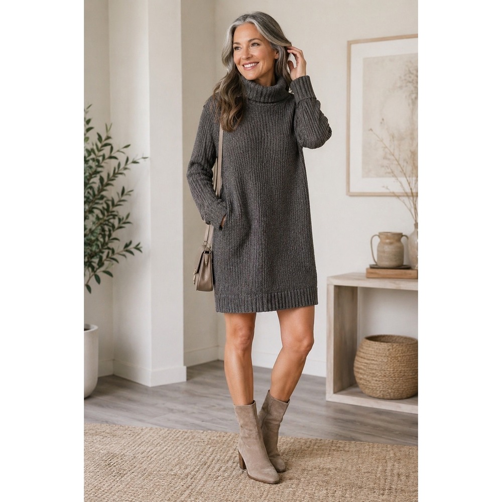 American Eagle Charcoal Grey Ribbed Turtleneck Sweater Dress Midi‎ Length Size M